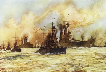 De slagkruiser Indomitable sleept de gewonde slagkruiser Lion na de Slag bij Doggersbank, 24 januari 1915